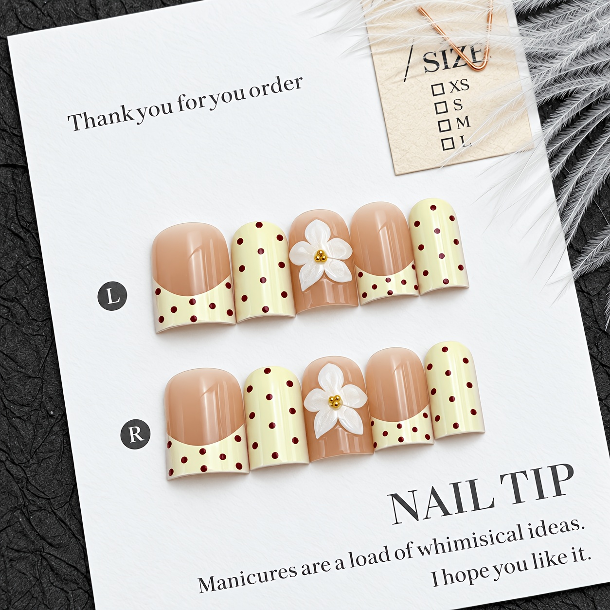 TEMU Danartlux 10pcs Short Square Press-on Nails, Fall Winter Cream White Nude Pink Polka Dot Fake Nails, 3d Floral Nail Tips, Cute Elegant Autumn