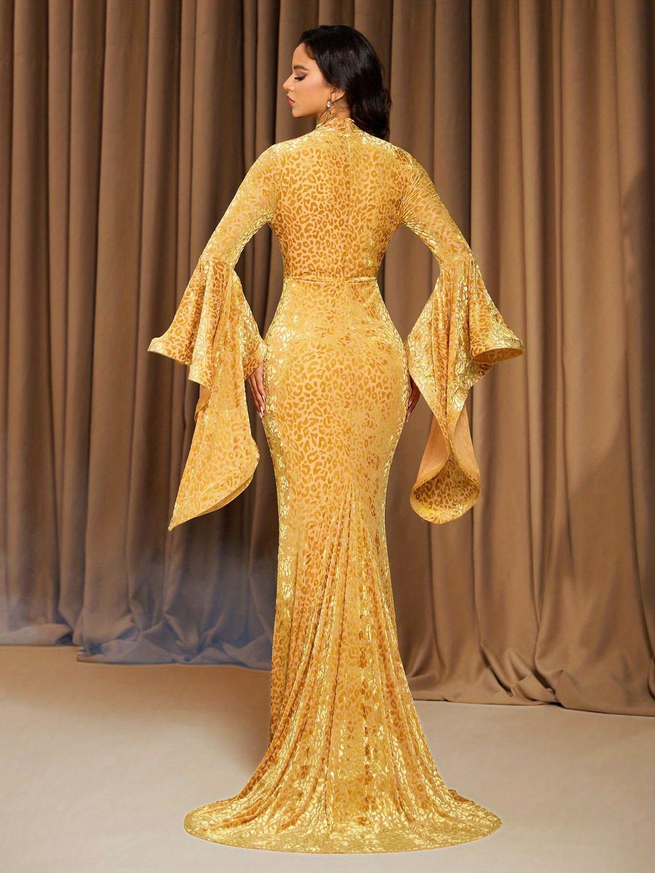 elegant black evening gown bell sleeves stand collar floor - Temu Oman