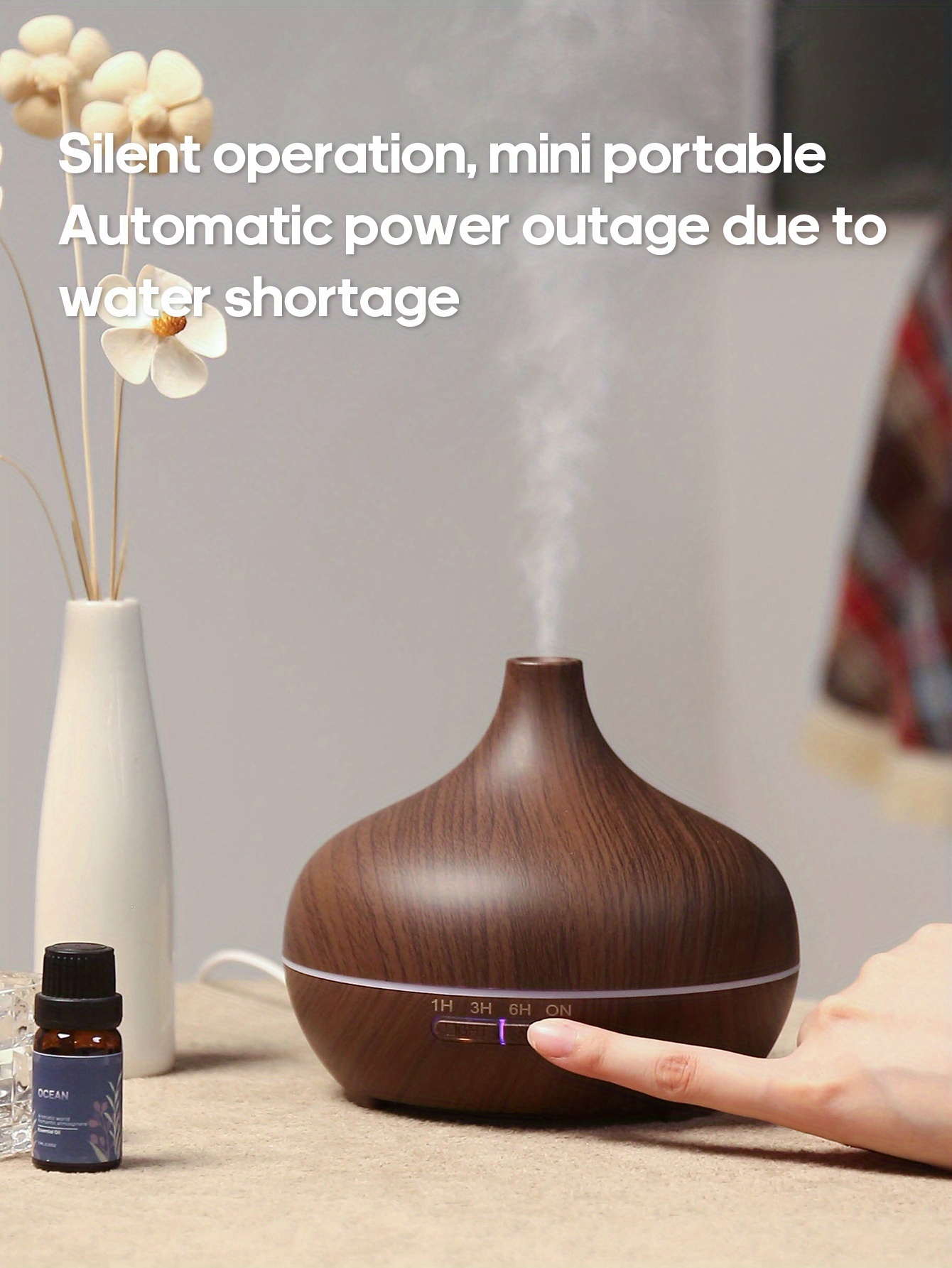 Difuzor de Aromă cu Textură de Lemn 300ml, Alimentat prin USB, 3 Stiluri (Lemn Închis/Deschis, Marmură), Lumini de Atmosferă cu 7 Culori și Timer, Operare Simplă cu Butoane Fără Telecomandă, Tehnologie Soundwave Silențioasă, Oprire Automată la Uscare, Umidificator de Uleiuri Esențiale pentru