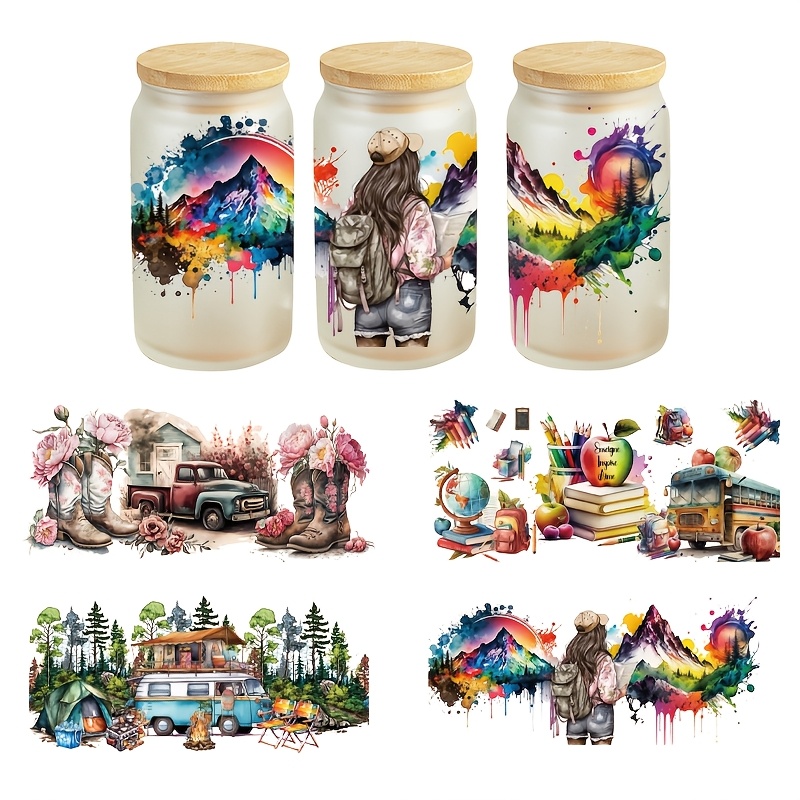 TEMU 5pcs/set Of Outdoor Design, 4.33 Inches * 9.45 Inches, Uv Dtf Heat Transfer Stickers, Cartoon Pattern, High Quality And Scratch Resistant 3d,