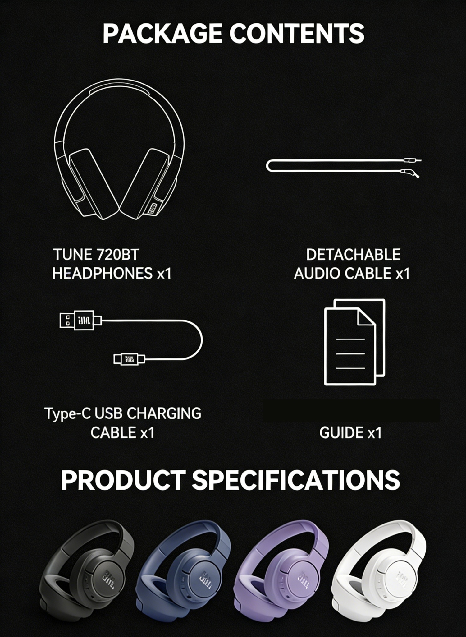 JBL Tune720BT Wireless Headphone, 5-Min Fast Charge, Over-ear Comfortable Wearing, Foldable & Portable