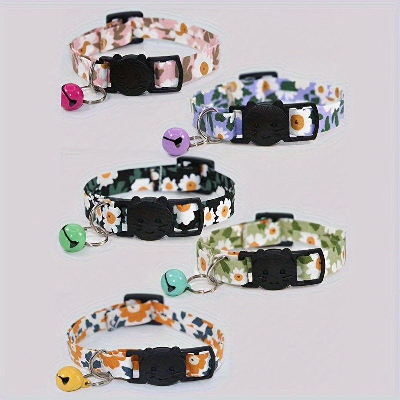 

Floral Pattern Polyester Cat Collars With Bell - Adjustable Pet Collars With Breakaway Buckle And Flower Design For Cats And Small Pets