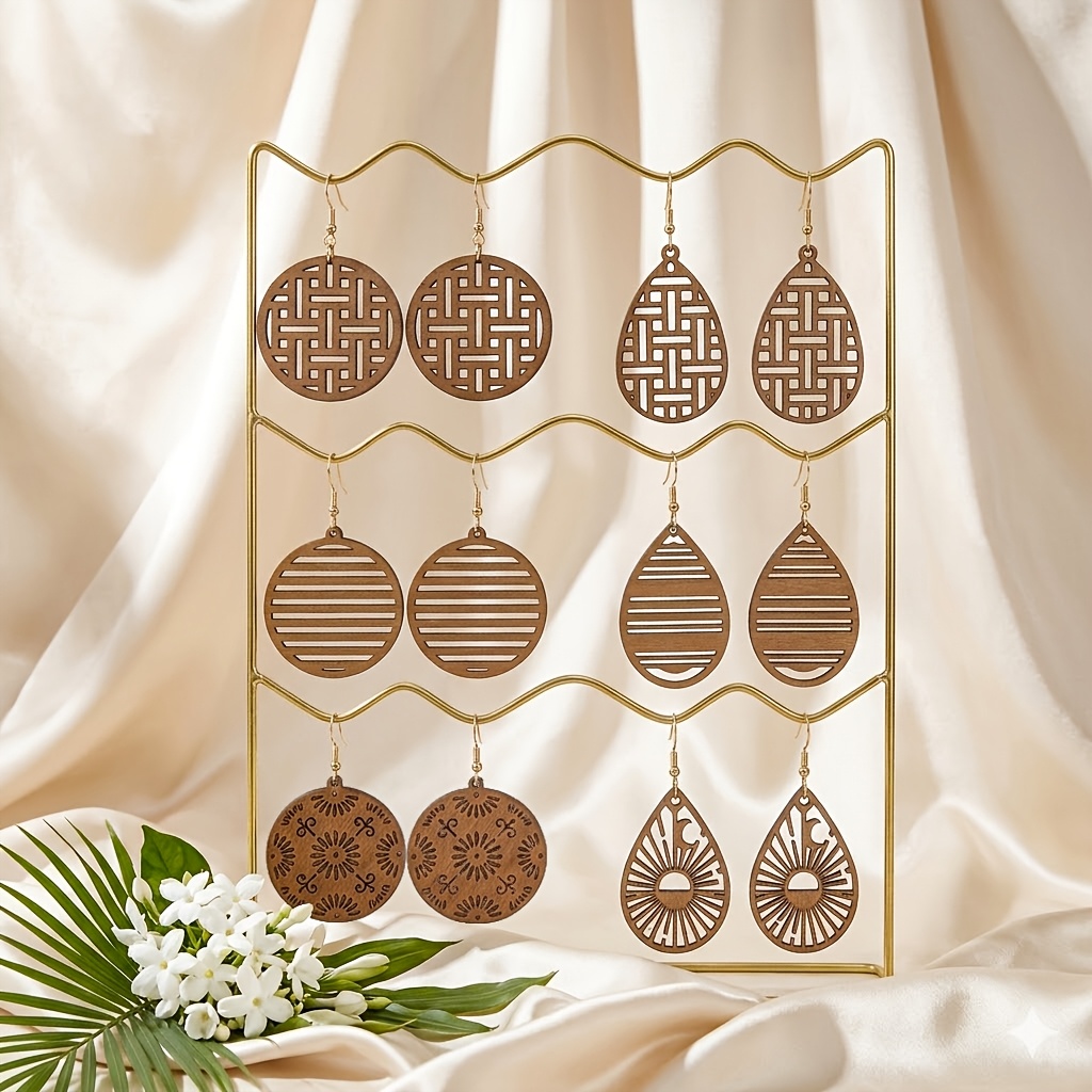 6 Pairs Minimalist Geometric Wooden Drop Earrings Set