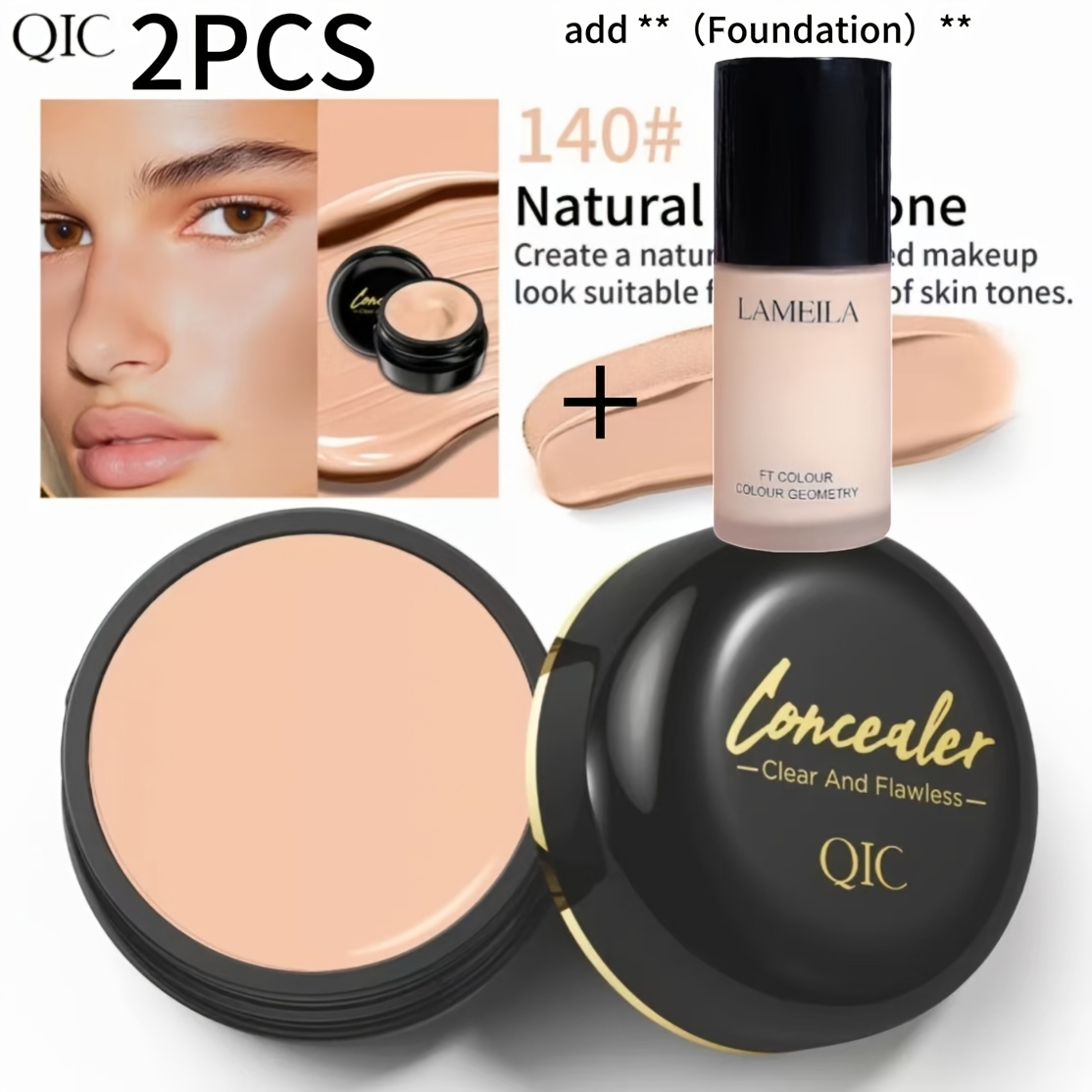 TEMU 2pcs Qic Full Coverage Concealer Cream - Waterproof , Plant-based Formula With Options ( To Dark) For Tones | Buildable Coverage Suitable For, Dark Spots, & Blemishes
