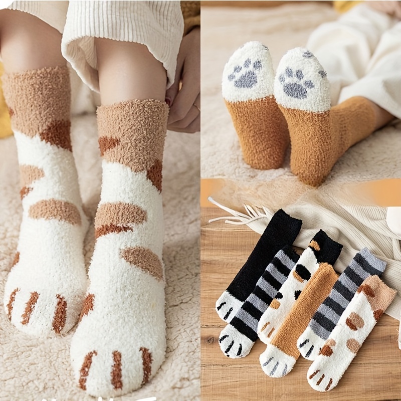 

3-pack Women's Plush Cat Print Socks, Winter Coral Fleece, Warm Cozy Floor Slippers, Polyester & Spandex, Machine Washable, Elegant Style, Couple's Set, Knitted Fabric, Now