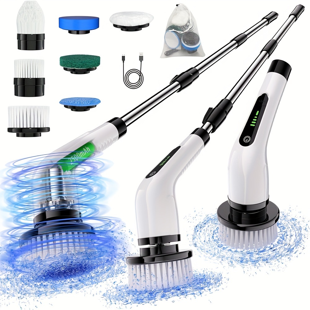 

Electric Spin Scrubber Cordless Full Body Cleaning Brush With Displaying Battery Level, 7 Replaceable Heads, , And Detachable Telescopic Handle For Room Bathroom