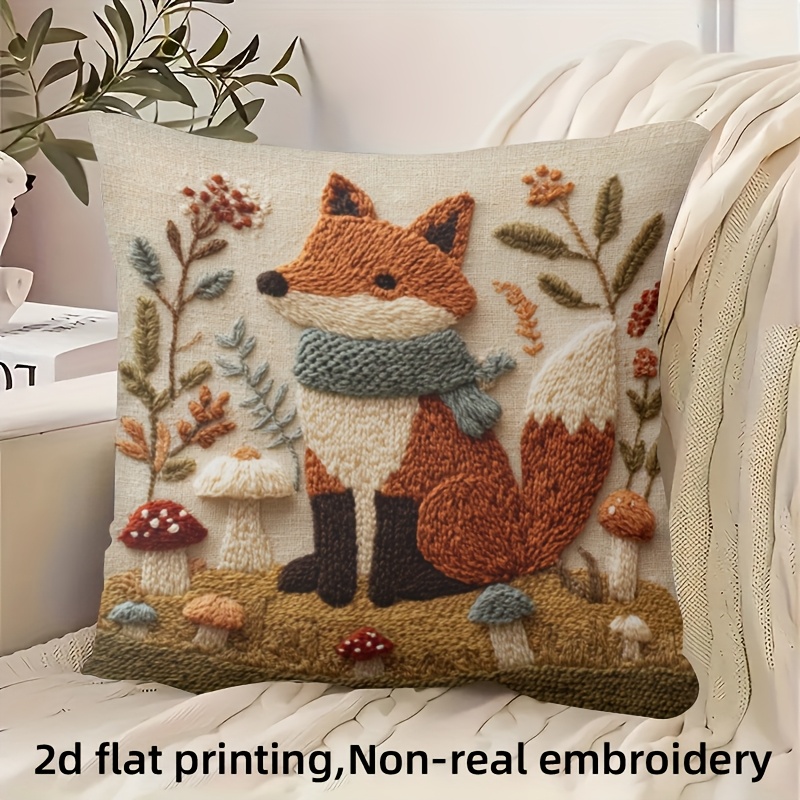 TEMU 2d Flat Printing 1pc Cute Fox And Forest Animal Print Plush Cushion - Soft And Comfortable, Polyester Material, Non-real Embroidery Suitable For