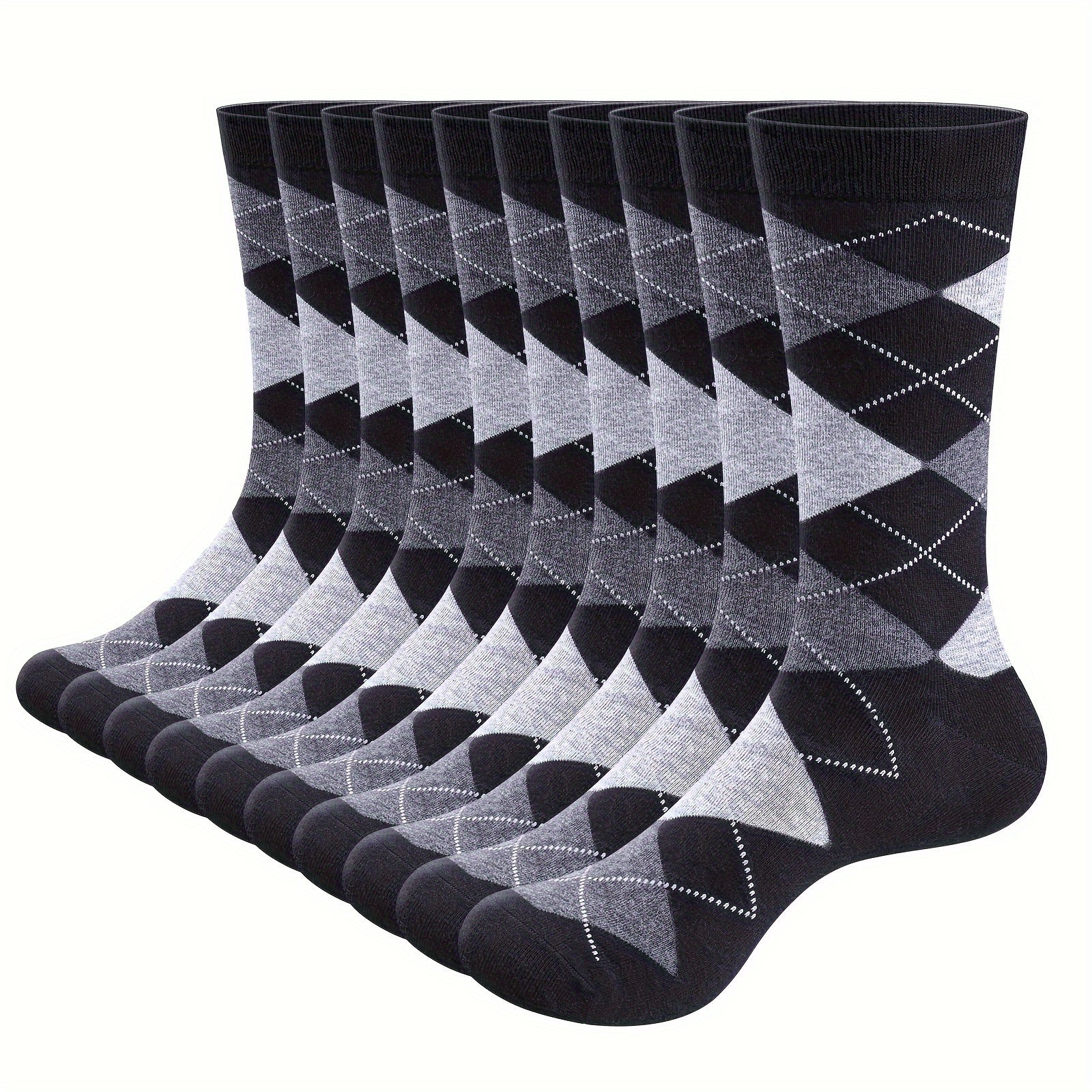 

10 Pairs Mens Argyle Striped Solid Ribbed Black Crew Dress Socks Patterned Socks Black White