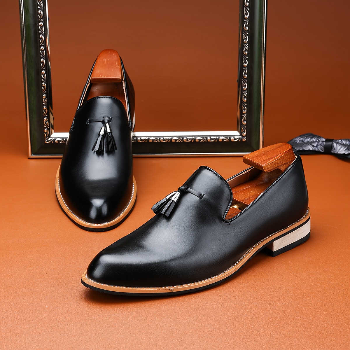 mens classic slip on loafers black pointed toe dress shoes with tassel detail upper durable rubber sole for weddings business parties   formal casual wear business attire footwear tassel detail shoes shoes