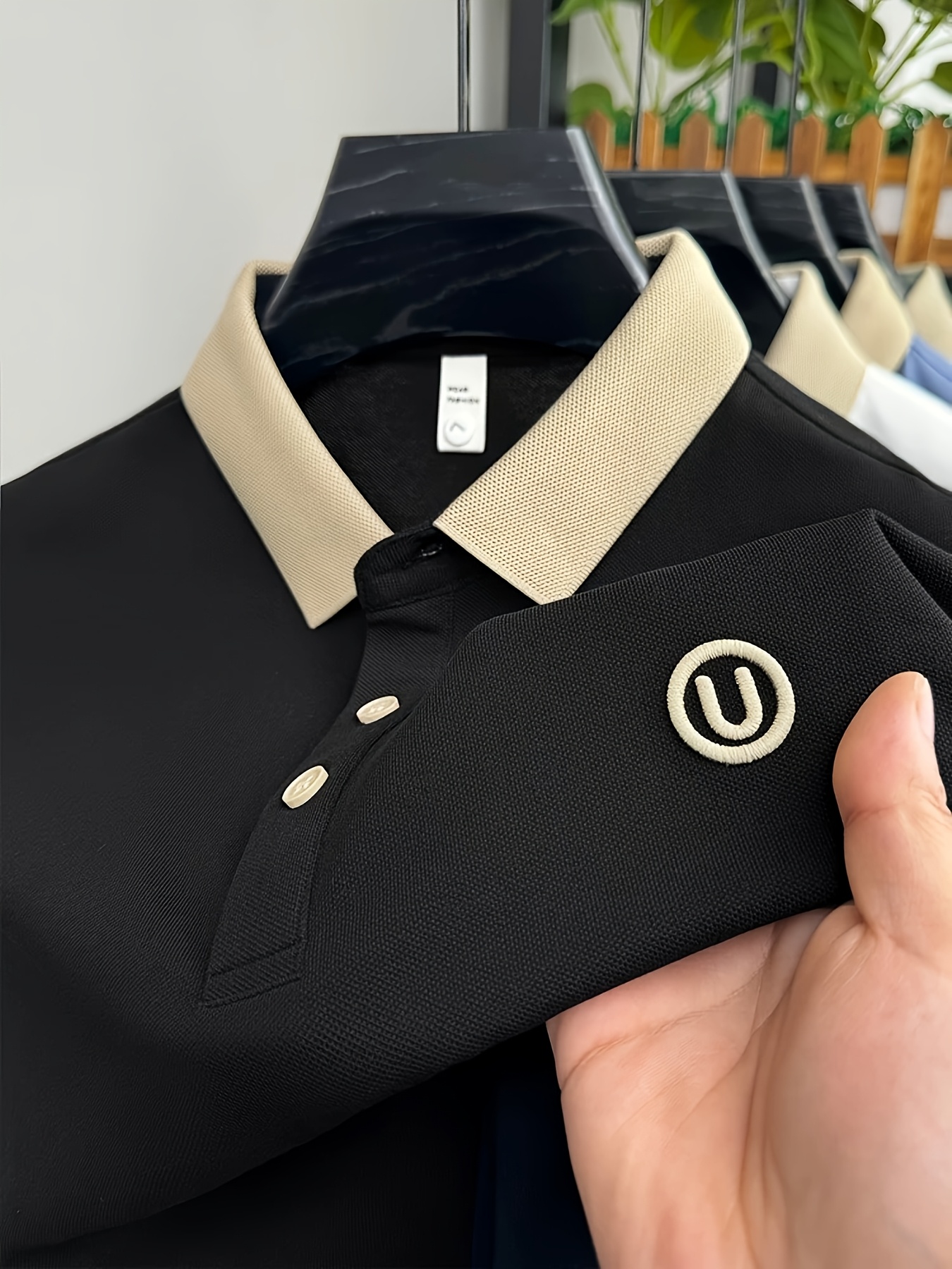 Men's Stylish Embroidered Shirt - Casual Short Sleeve, Button-Up Collar, White with Gray Collar & Cuff Accents, Soft Polyester Fabric, Perfect for Golf or Casual Attire, Golf Shirt | Embroidered Collar Detail | Smooth Texture