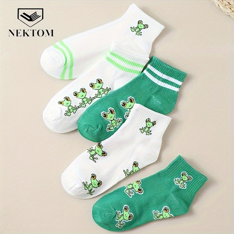 

Nektom 5 Pairs Women's Cartoon Frog Knee-length Socks, Fluorescent Green, Polyester 97% Spandex 3%, Knit Fabric, Animal Pattern, 280g/m² - Hand Wash/