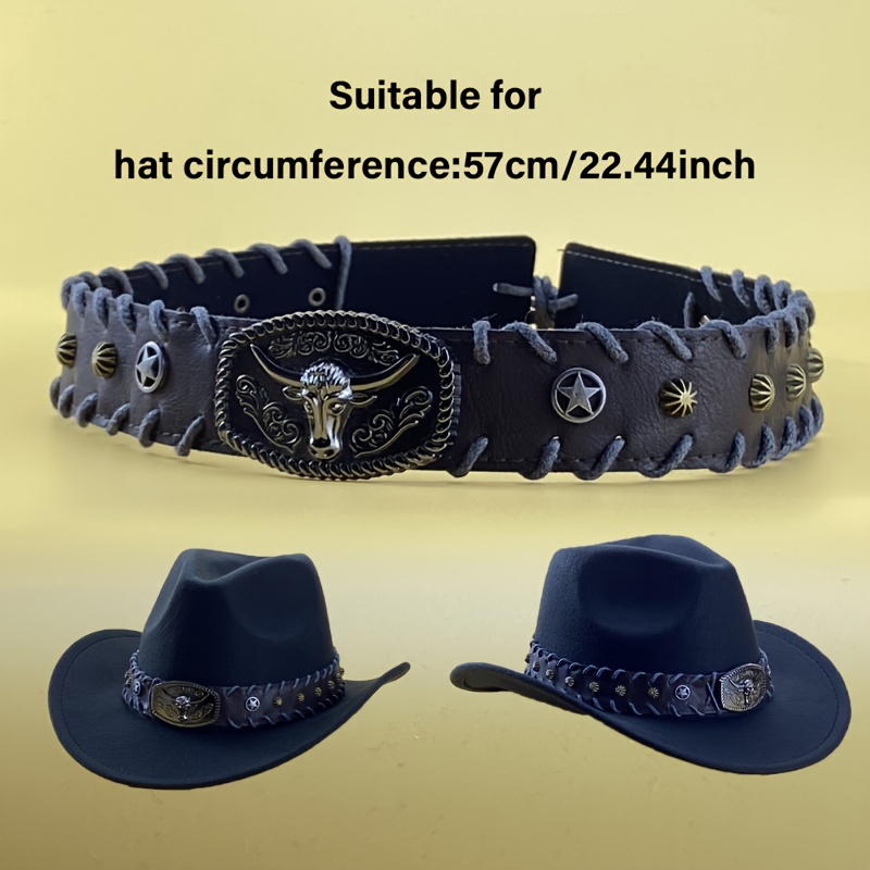 

1pc Western Cowboy Hat Band Bull Head Charm Pu Leather Woven Accessory For Holiday Travel Fedora Decorative Strap