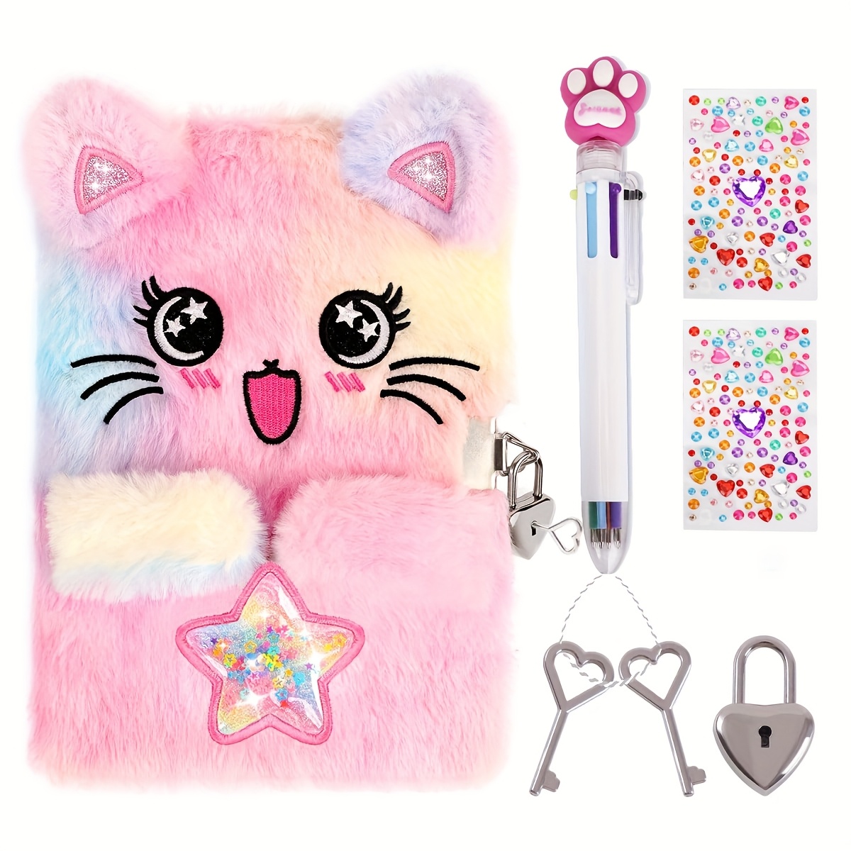 TEMU Girl Kitten Diary With Lock And Key, Tie, Hardcover Fluffy Lock Notebook For Writing And Drawing, Best Christmas Gift For Girls Birthday Gift () For Girls