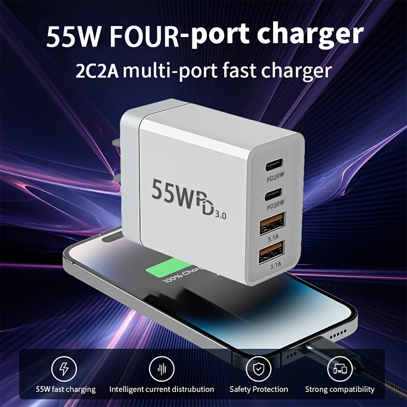 mobile phone charger for cross border e commerce featuring dual pd ports and dual usb ports high power charger suitable for phones tablets smartwatches and earbuds