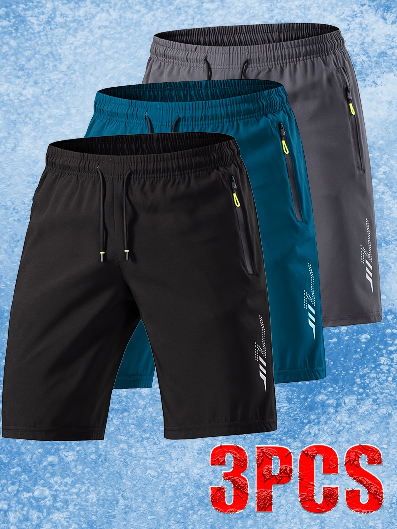 3pcs Men'S Ice Sliky Fiber Fabric Athletic Shorts - Soft Comfortable Fabric with Lightning Bolt Print, Elastic Waistband & Drawstring, Side Pockets, Lightweight Breathable Design for Summer, Travel, Gym, Casual Wear - Solid Color (, Dark, Teal)