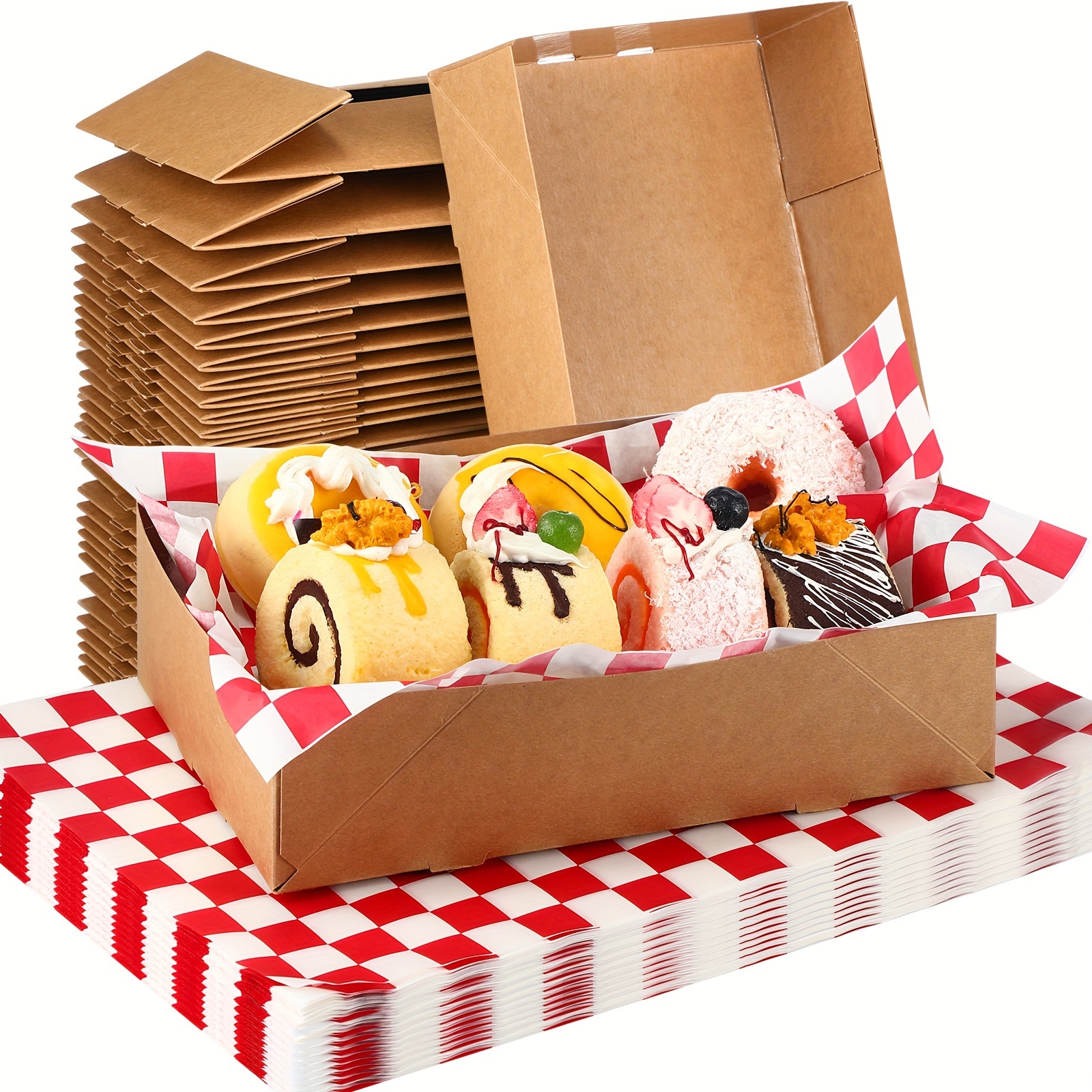 

200 Pcs Kraft Paper Food Tray And Checkered Food Wrapping Paper Set 4 Up Paperboard Food Box Disposable Foldable Cardboard Trays Brown Greaseproof Box For Theater Stadium