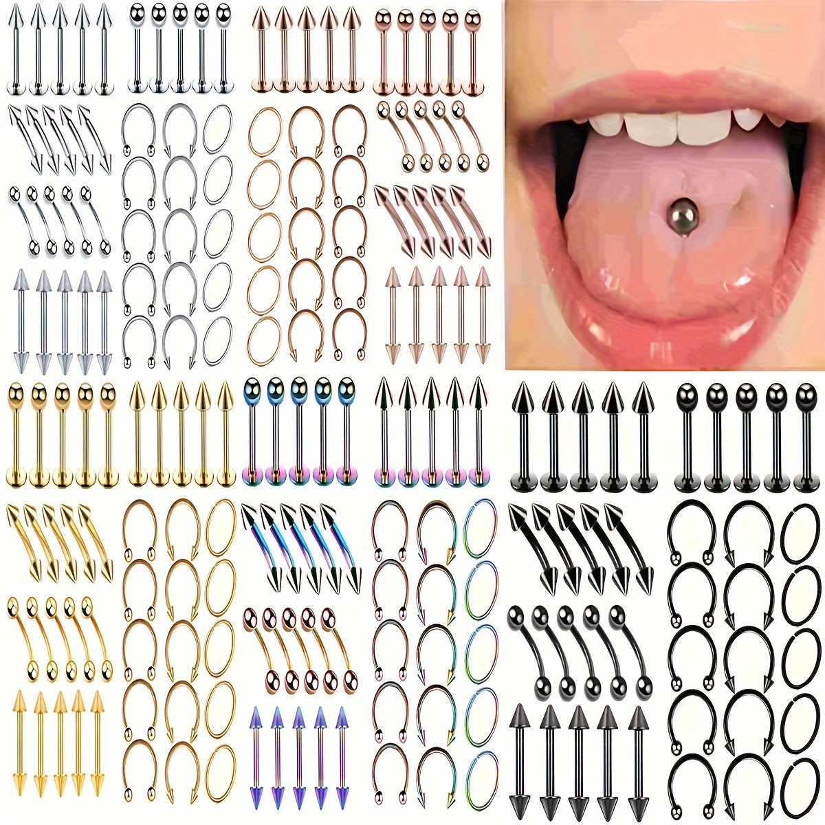 

40pcs 16g Steel Eyebrow Studs, Tongue Studs, Lip Studs, Rings, Rings, Stud Earrings, Horseshoe Rings Human Y2k Piercing Jewelry Set For Men And Women