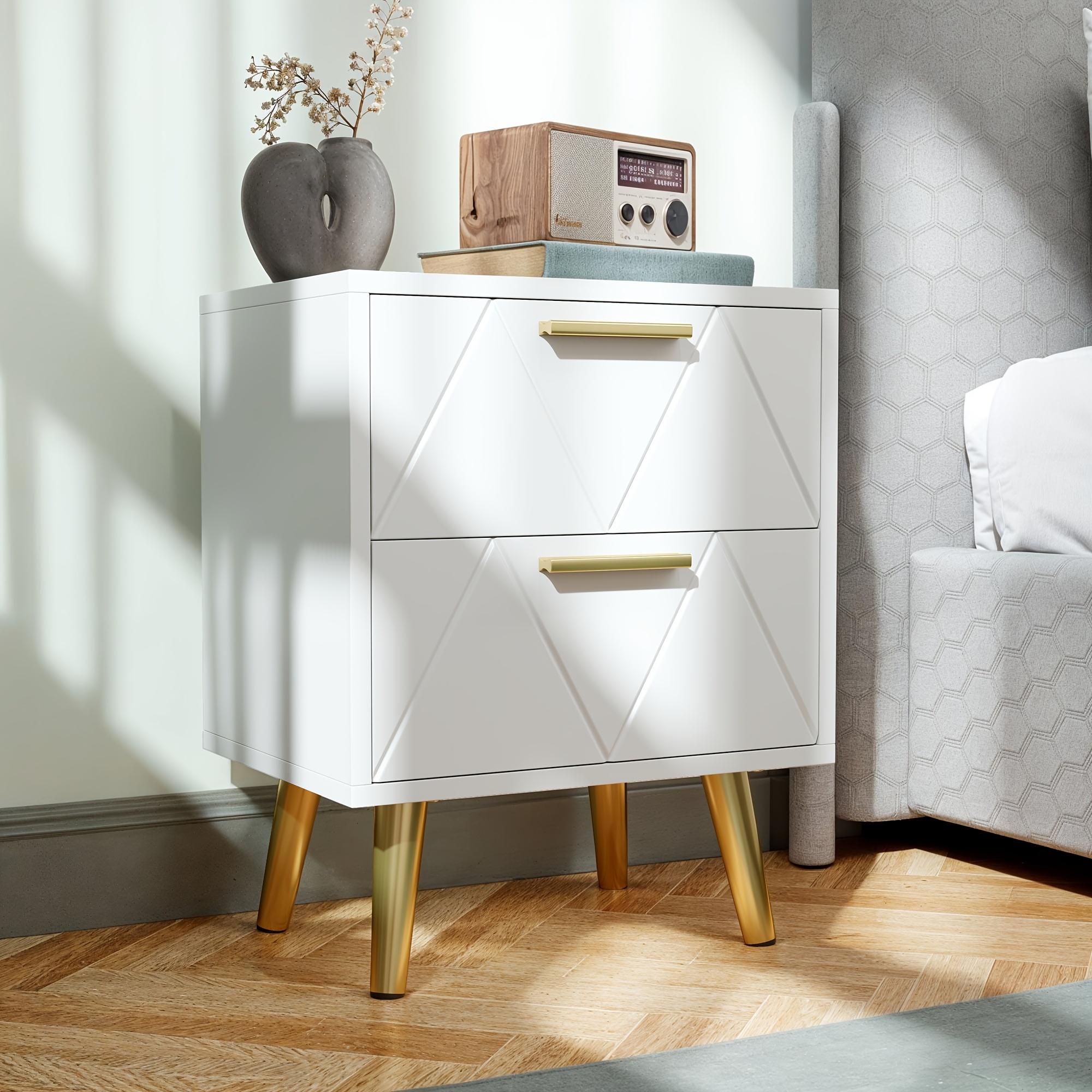 Image of Double Drawer Bedside Table With And Handle, Living Room Bedroom Storage Side Cabinet, Black And White