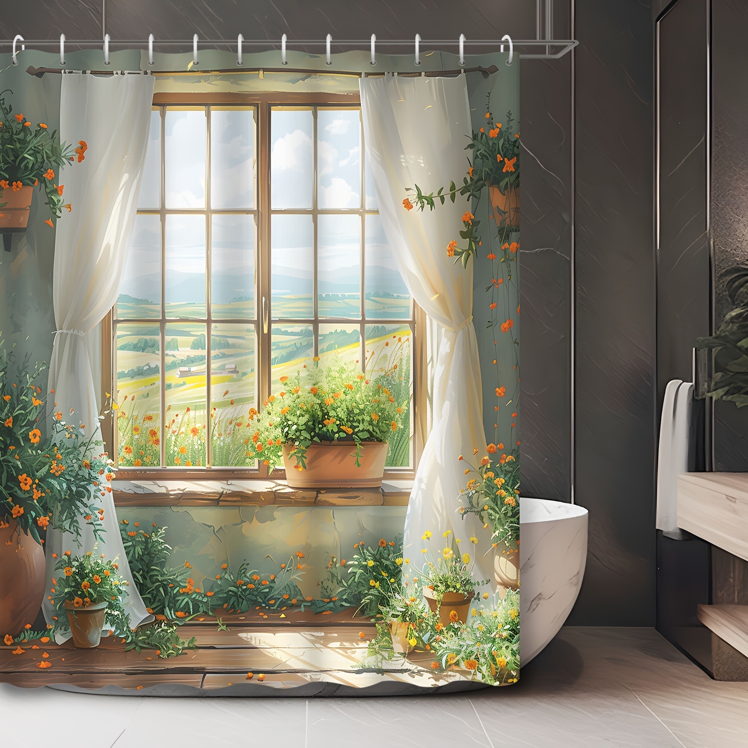 

1pc View Cartoon Window Window Green Plant Potted Village Landscape Shower Curtain, Decorative Printed Shower Curtain, Includes 12 Hooks, Waterproof Shower Curtain, Bathroom Accessories