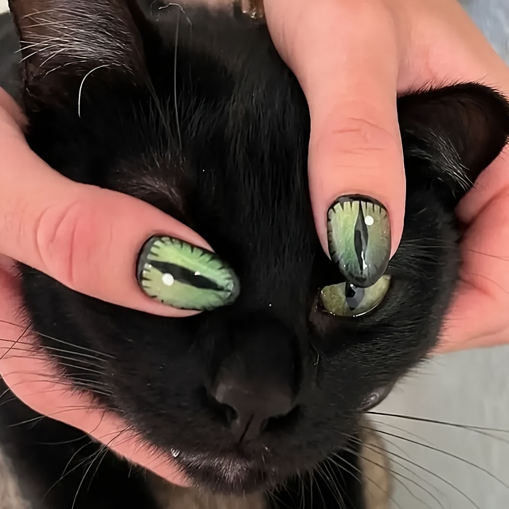 TEMU 24pcs Ongles Faux Vert Motif Œil de Chat, Longs d', Style Gothique Tendance Automne Hiver, Parfaits pour d'Halloween, Sorties Quotidiennes et