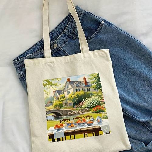 bright breakfast at beautiful with long banquet table nearby a small river with sweet painting b canvas shoulder bag large capacity multifunctional travel bag with cartoon design casual and as a tote