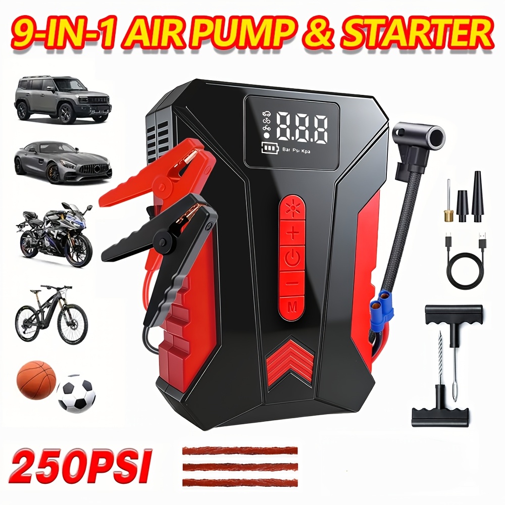 Image of Portable Emergency , 13000a Current, 250psi Pressure, Car Charger, Led Emergency Lighting, Fast Charging - Rechargeable Lithium Polymer Battery. Holiday Gift, Suitable As A Christmas Gift