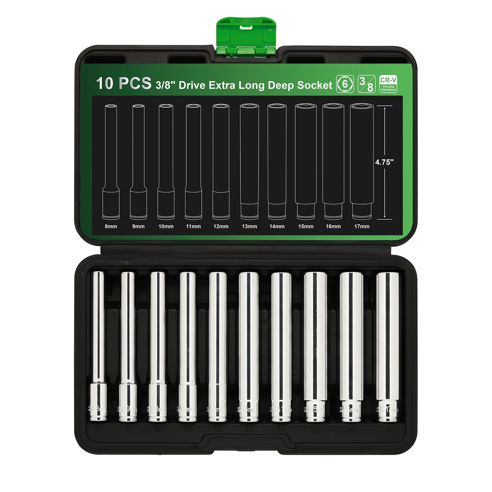 TEMU 10pcs 3/8-inch Drive Extra Socket Set, 6 Point, 8mm To 17mm, No Sizes, 120mm Deep Socket For Automotive And Industrial Applications