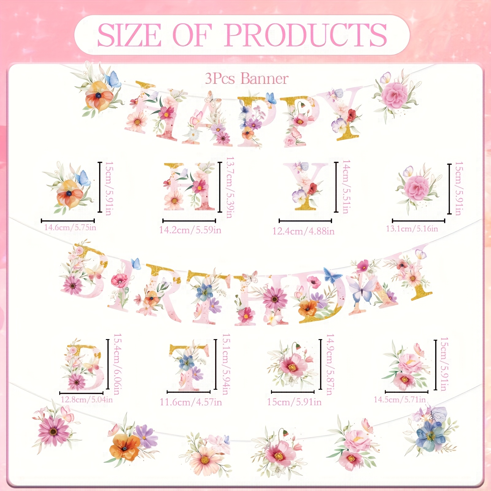 Image of Birthday Decorations - 3pcs Happy Birthday Banner Decoration Party Supplies Garland Flower Party Decorations For Women Birthday Decor