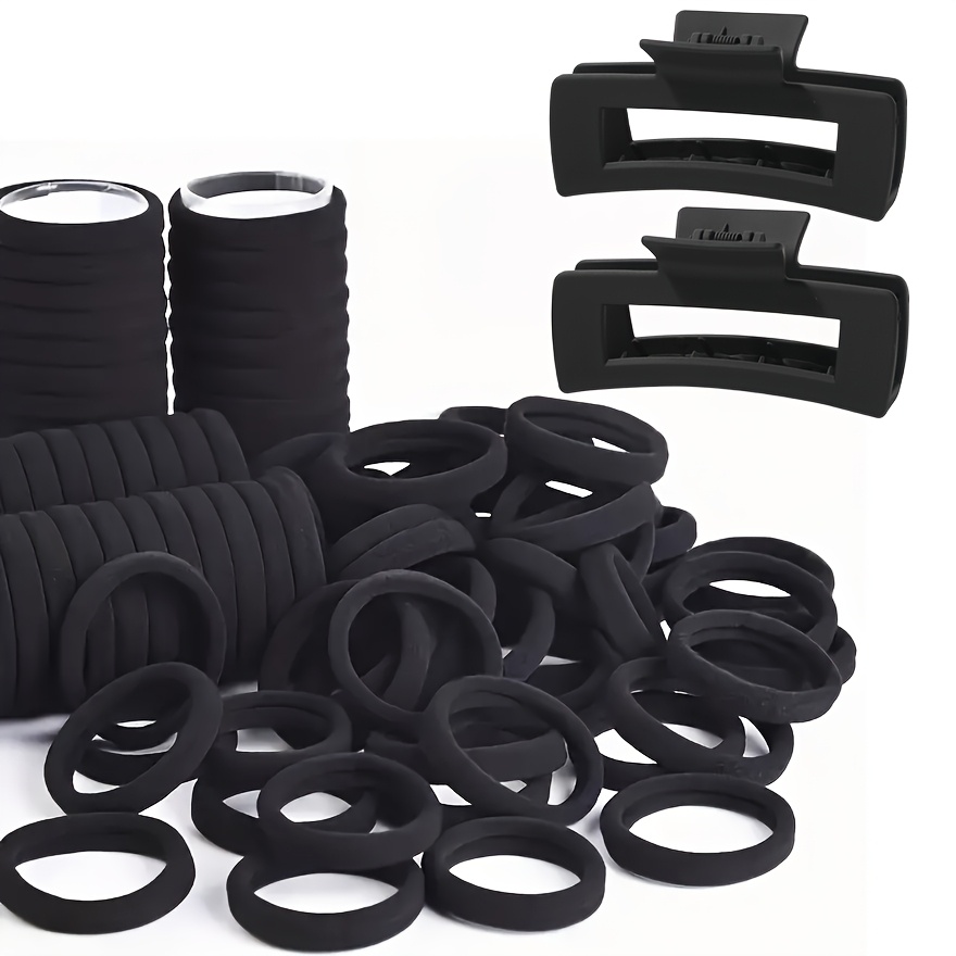 TEMU 102pcs Set, Including 2 Large Black Hair Grab Clips And 100pcs High-elastic Rubber Band, Simple, Fashionable And Elegant