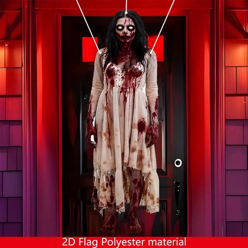 2D Halloween-dekorationsflag - Dørophængningsklud med zombiedame og blodig døråbning, indendørs/udendørs horror-festbaggrund - Ekstra lang 40,13x119,89 cm, holdbart polyesterstof - elektricitet nødvendig, nem at hænge op, egnet til hjemsøgte huse, verandaer hjemmedekoration