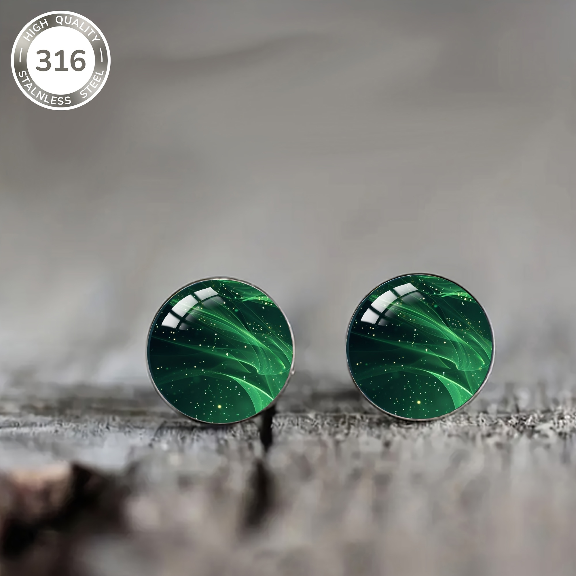 Image of 1 Pair Green Wave Pattern Inlaid Convex Glass Steel Stud Earrings, Elegant For Men And Women, Party Banquet Fake Wear Jewelry Ear Accessories, Valentine's Day Gift