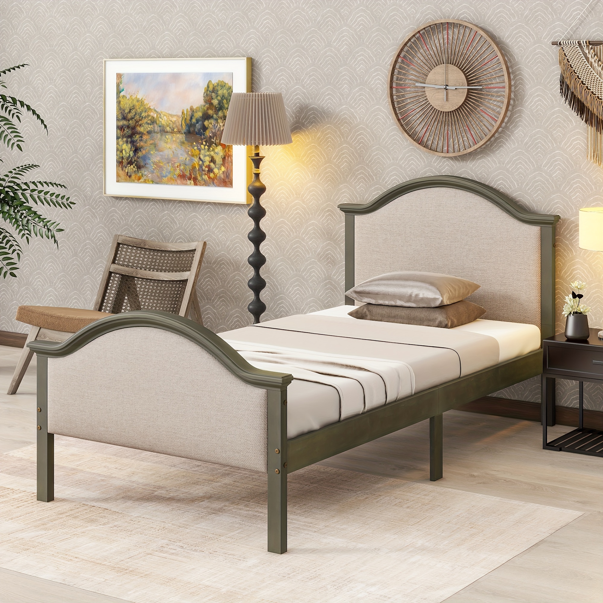 

Single Bed With Headboard And Footboard With Slats, Available In Gray And Walnut, Easy Installation