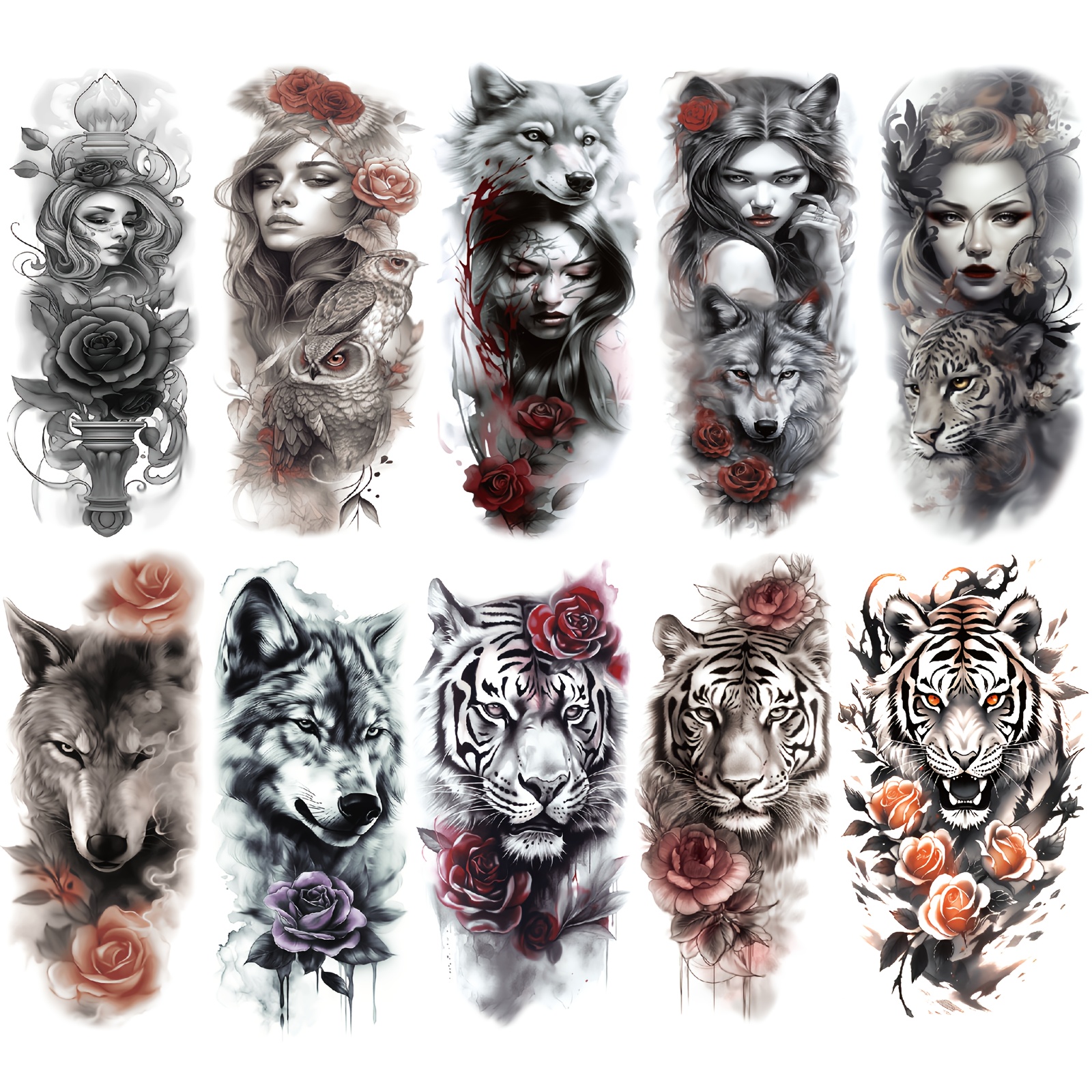 

10pcs Tiger Wolf Rose Flower And Beauty Arm Temporary Tattoos For Men Women Adults, Body Art Large Half Arm Sleeve Temporary Tattoo Stickers, Waterproof Realistic Tattoo Temporary Tattoo Stickers