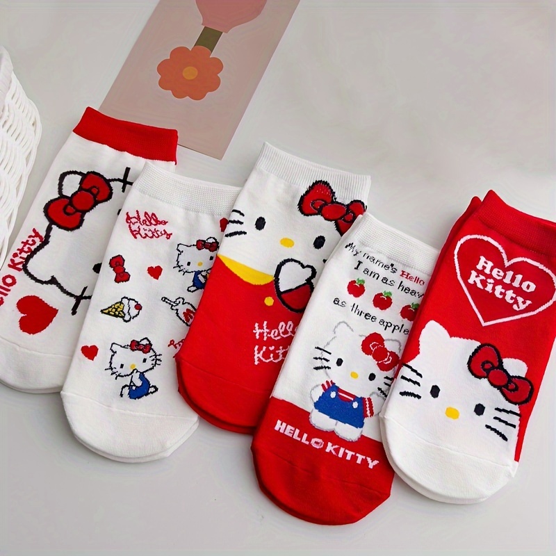 

5 Pairs Cartoon Hello Kitty Socks, Cute Japanese Style Ankle Socks, Women's Stockings & Hosiery