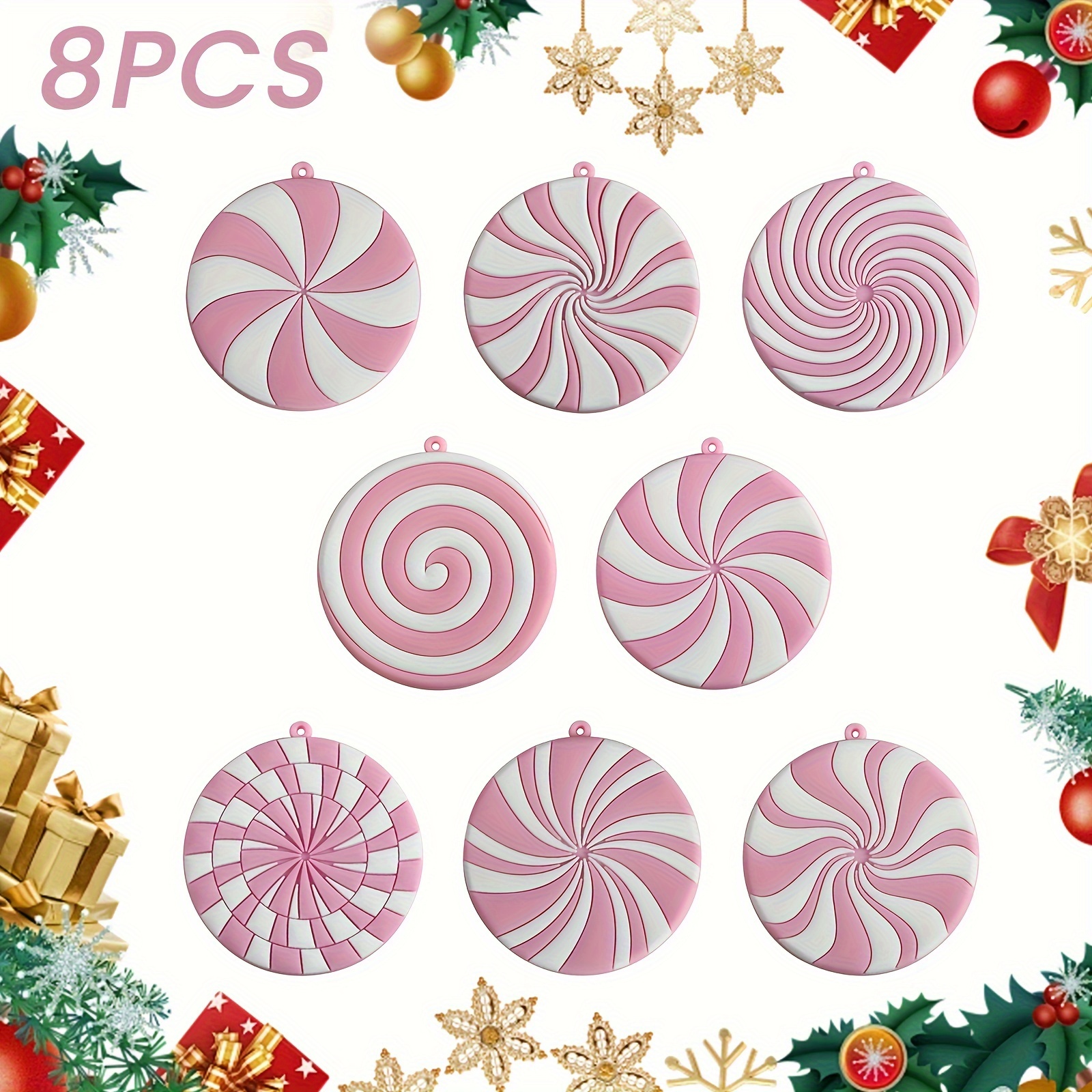 

8pcs Christmas Candy Gingerbread Decorative Pink Simulated Candy Donuts Small And Medium Christmas Tree Decorations Hanging Ornaments Realistic Small And Cute 2.7 Inches High Easy To Hang