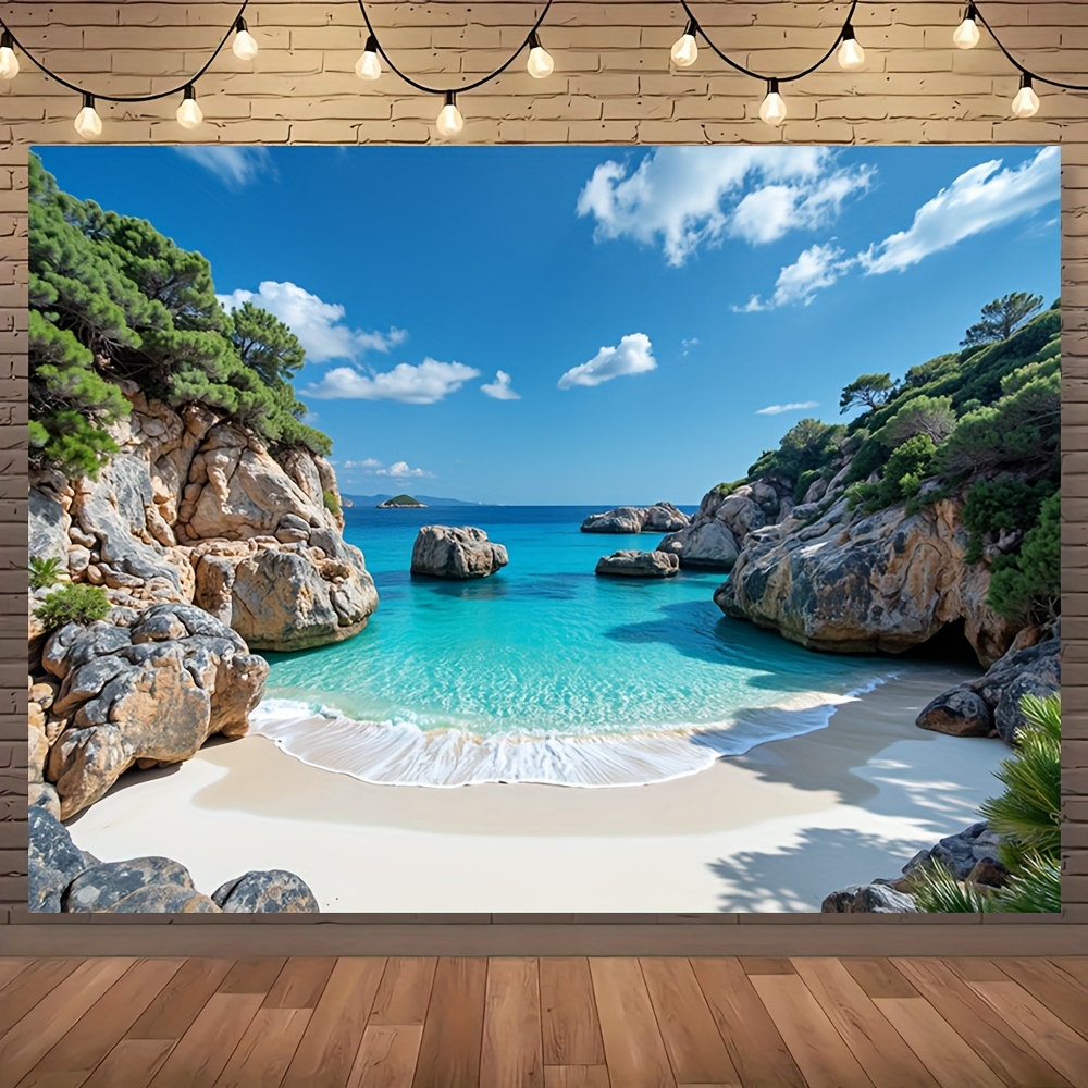 1pc Fond de Plage Grèce - Paysage de l'Île de Léfkade et Mer Ionienne avec Eaux Turquoises & Falaises Rocheuses, Décoration en Polyester Durable pour Mariages Anniversaires, Suspension Murale Intérieure Extérieure pour Salon Chambre Bureau, Décor Maison Toutes Saisons, Vue Marine Tranquille | Impression Couleurs Vives