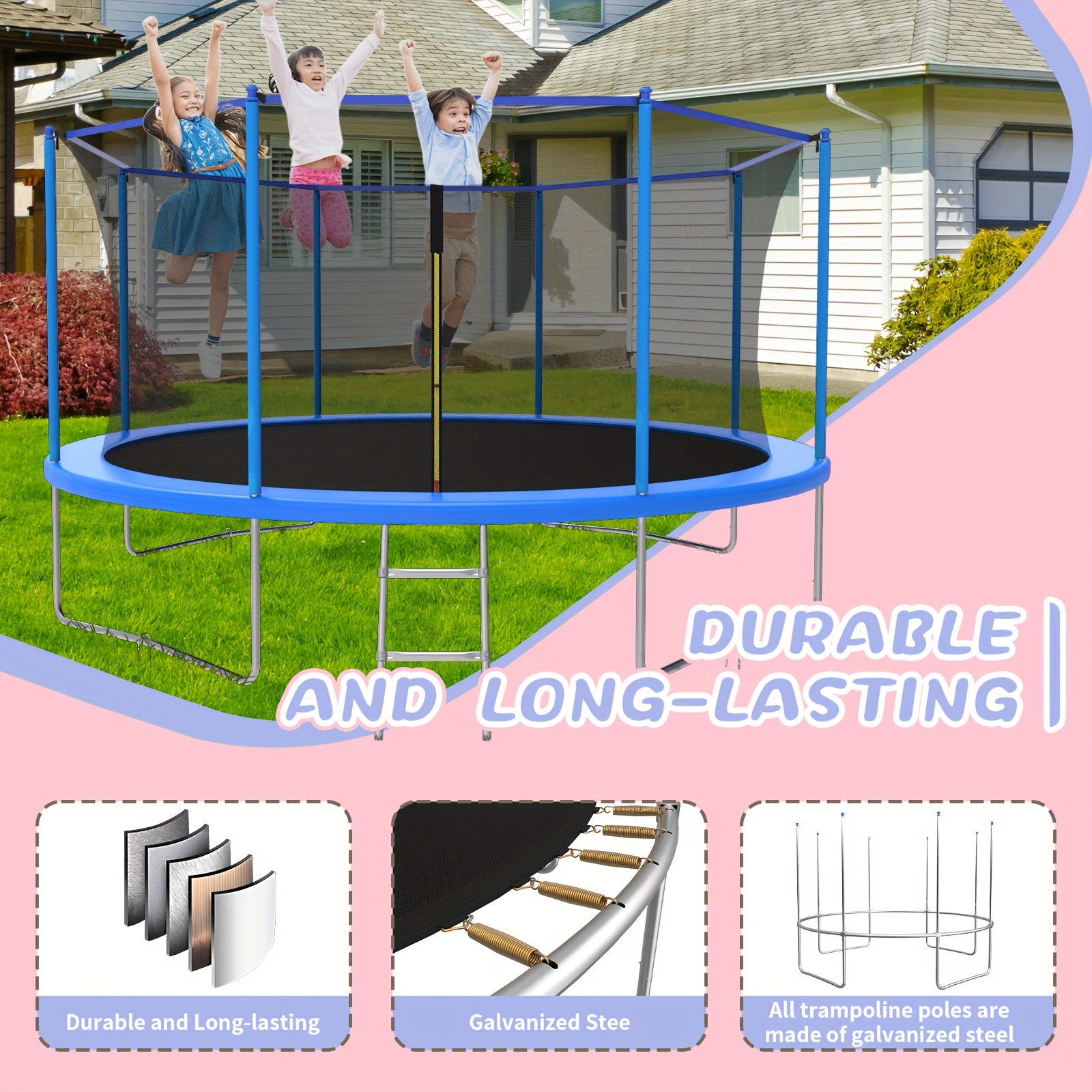 14ft/12ft/10ft Outdoor Kids Trampoline with Water Spray Device, Equipped with Safety Net and Heavy-Duty Rust-Resistant Frame, Suitable for Children and Adults, Includes Basketball Stand and Ladder Blue