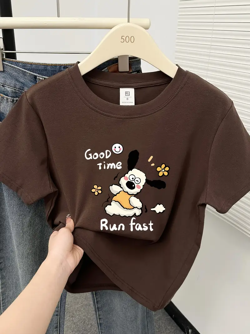 womens 2025 new korean style shoulder t shirt cute cartoon dog floral graphic print light grey round neck short sleeve top for spring summer casual wear spring fashion design machine washable Product details 5