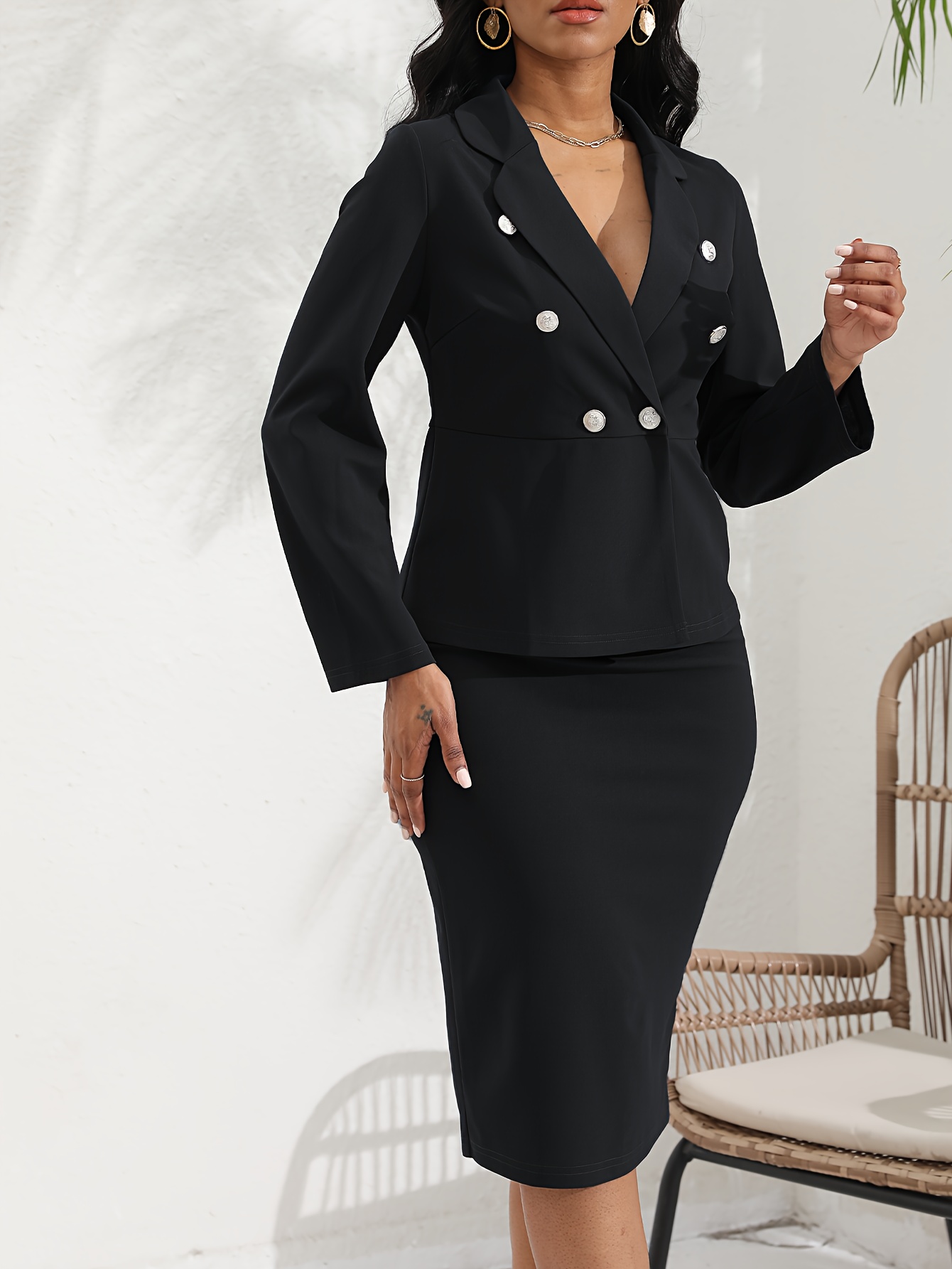 elegant solid two piece skirt set double breasted lapel blazer bodycon skirt outfits womens clothing