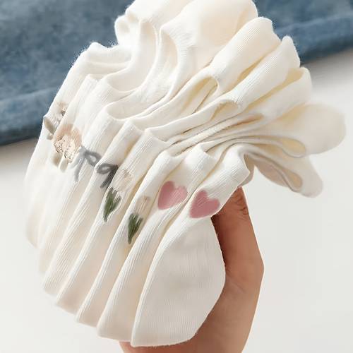 pack de 5 de calcetines tobilleros blancos de /verano para mujer con , estampados florales y de corazones, cómodos, transpirables y bonitos calcetines invisibles, adecuados para uso en desplazamientos, calcetines invisibles universales para interior