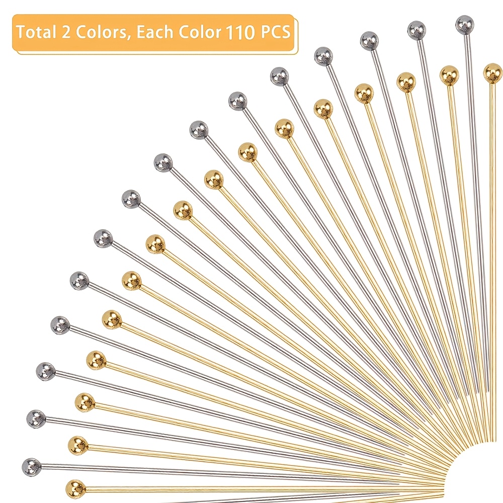 TEMU Set de 220 piezas de alfiler con cabeza de perla de acero inoxidable 304, ideal para hacer joyas - Flexible, dorado y plateado, 1.57", cabeza de
