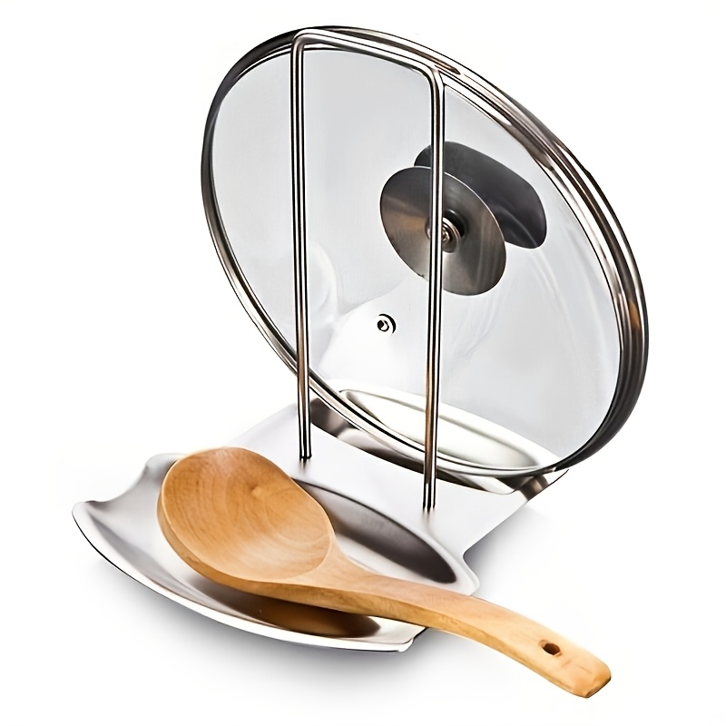 TEMU Stainless Steel Pot Lid Holder With Drip Tray, No-drill Spoon Rest, Detachable Rack, Kitchen Organizer For Convenient Lid Storage And Drainage