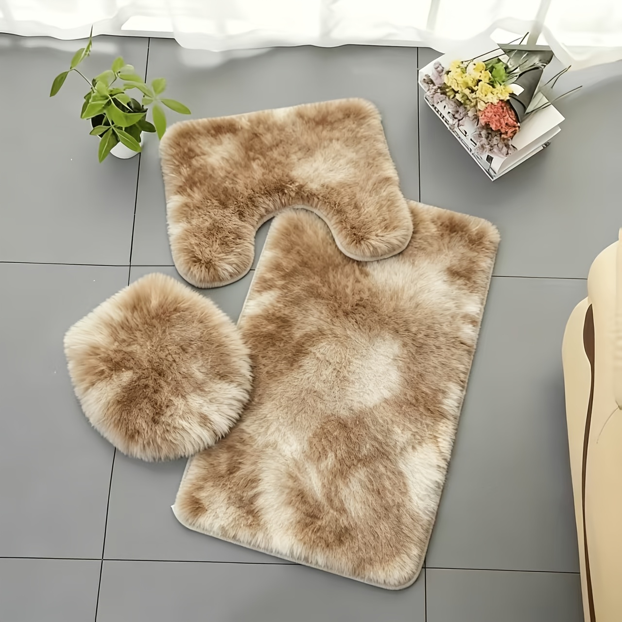 TEMU 3pcs Soft Plush Bathroom Non-slip Mat Set, Bathroom Rug Suitable For Bathtub, Shower, And Toilet, Multiple Colors , Durable And Wear-resistant,
