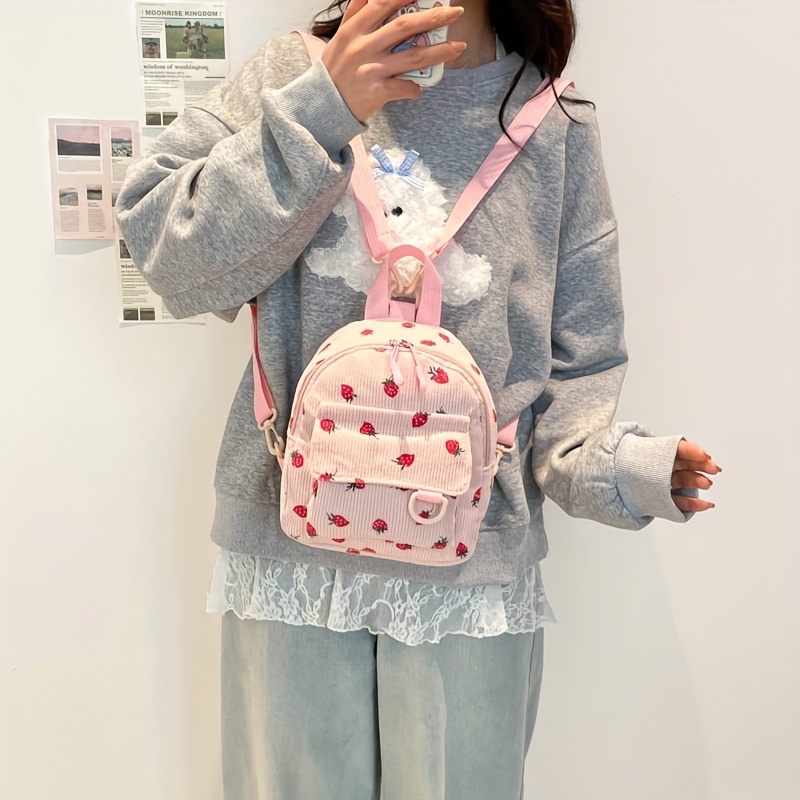 Kawaii White Corduroy Mini Backpack With Red Strawberry Print_voghion.com