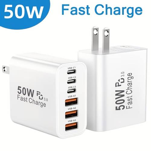 item picture 50w type c fast charging phone charger 6 port multi function charger with 3 usb a 3 type c multi interface wall charger for fast charging multiple devices charging power adapter compatible with iphone 17 16 15 14 13 12