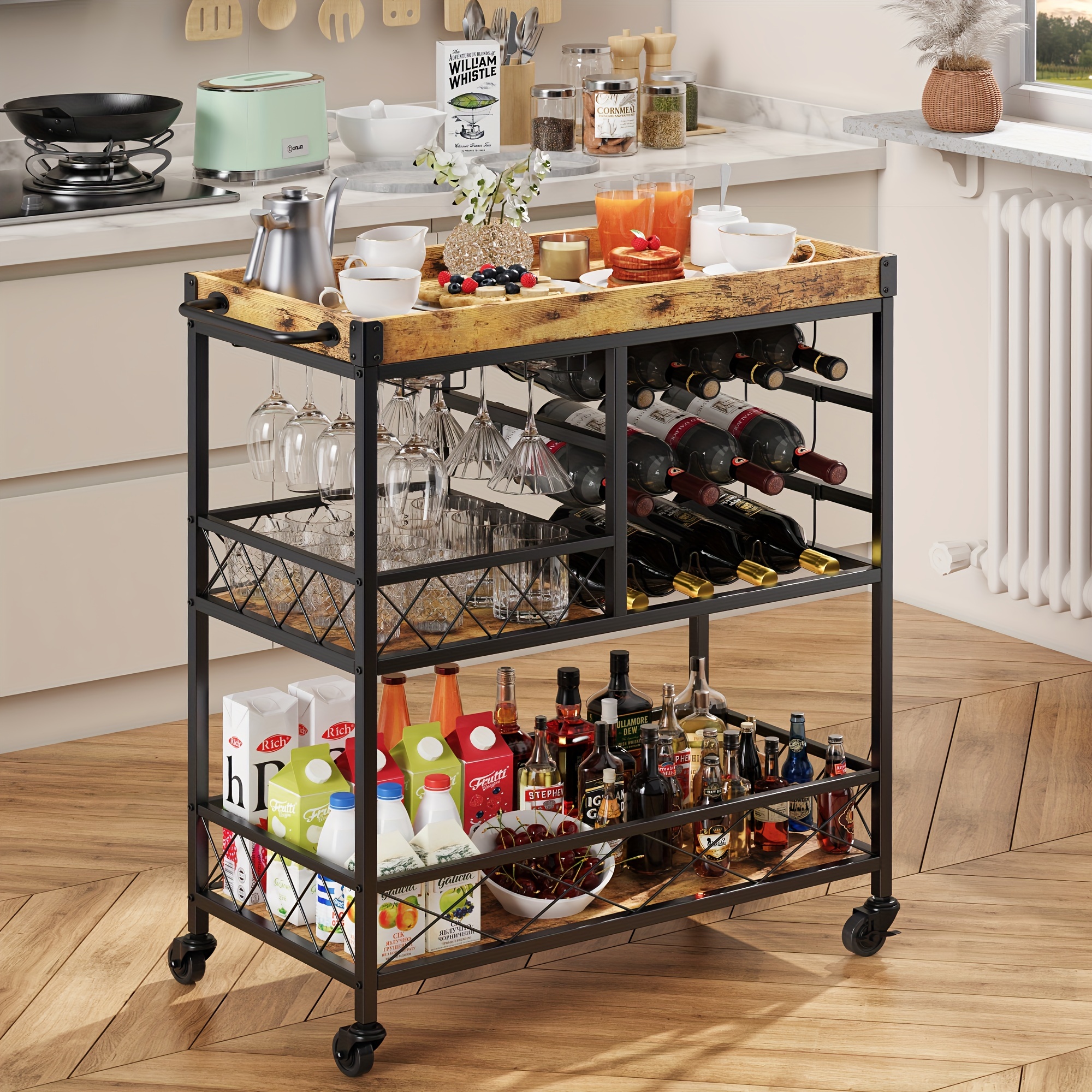 Retro Grey 3-Tier Bar Serving Cart with Removable Tray & Wine Rack