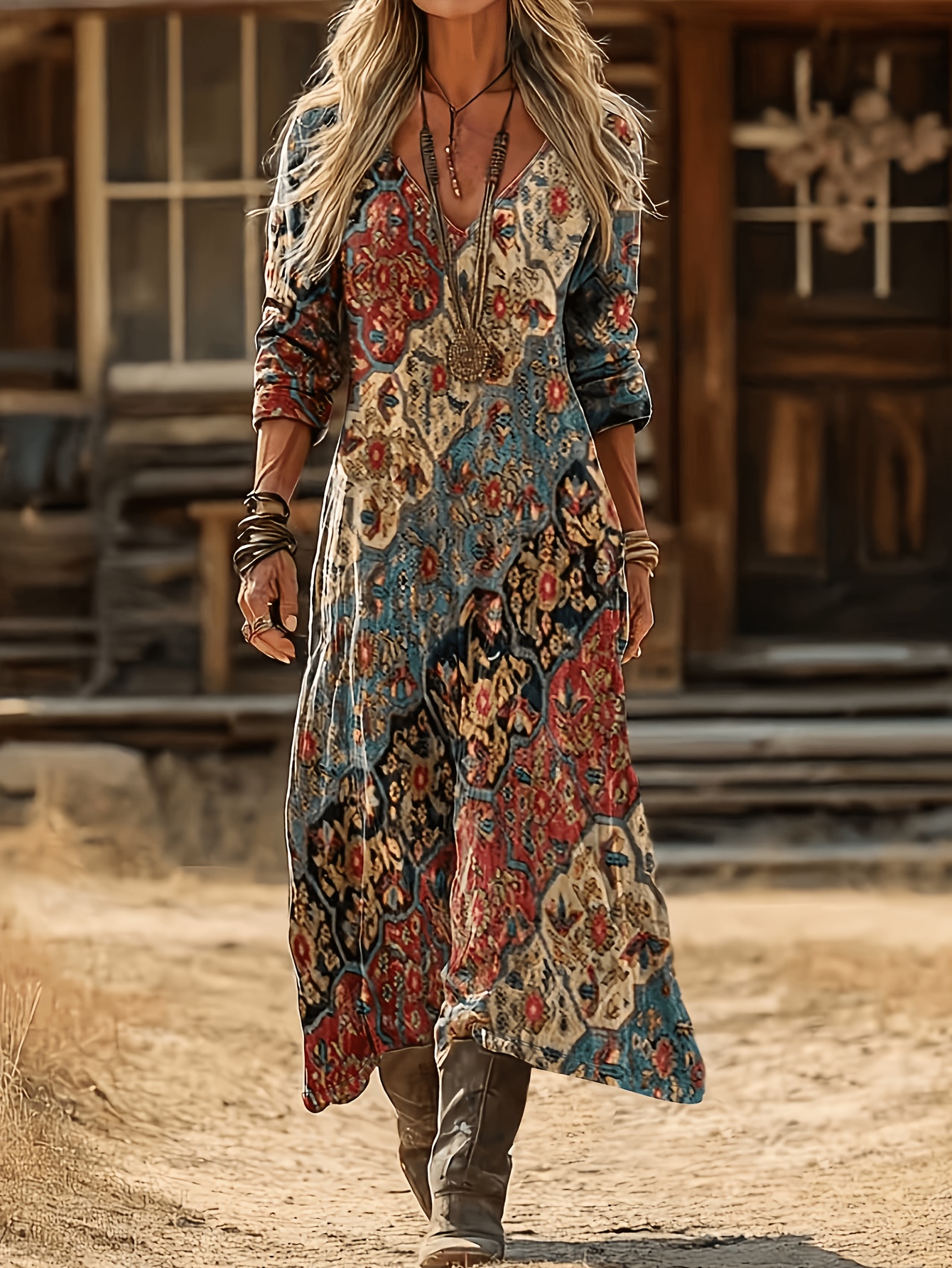 Women'S Fashion Casual Bohemian Printed Long Sleeve V-Neck Dress