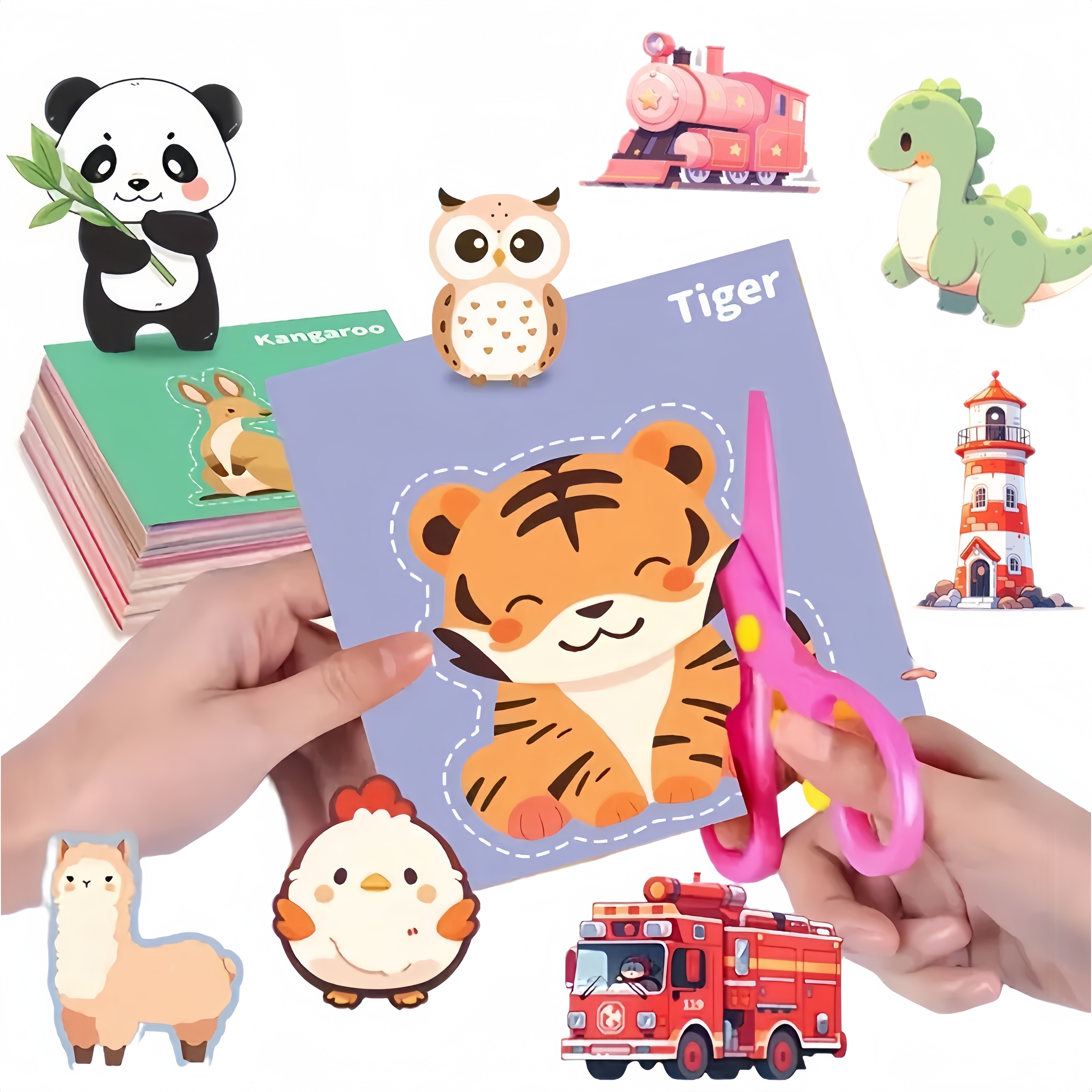 

120 Sheets Kids Scissor Skills Activity Set - Mixed Color Paper Cutting Art Crafts Kit, Diy Decoupage Paper-cutting Children's Educational Handmade Material, Featuring Animals, Fruits, Vehicles & More