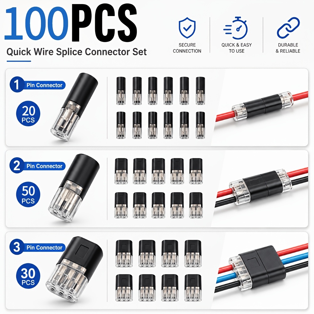 TEMU Kit de 100 connecteurs de raccordement rapide pour câbles, 20X 1 broche, 50X 2 broches et 30X 3 broches, bornes de câble électriques soudure,
