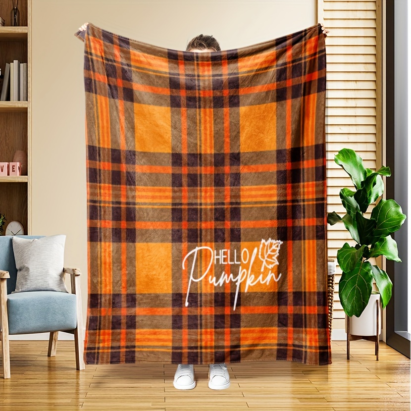 

Contemporary Flannel Throw Blanket With Orange Plaid Pattern – "hello Pumpkin" Digital Print, Soft Polyester Knit, All Seasons Multipurpose - Hand Wash Only - 1pc Themed Bedding Couch Accessory